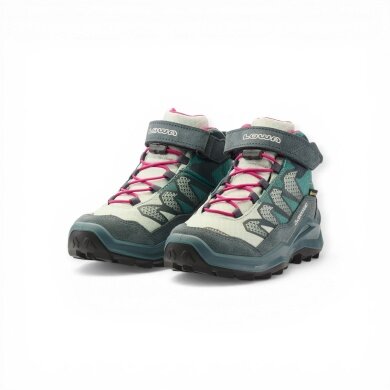Lowa Wanderschuhe Maddox Pro Mid GTX Velcro Junior (Textil/Veloursleder, Klett­ver­schluss, wasserdicht) petrol/pink Kinder