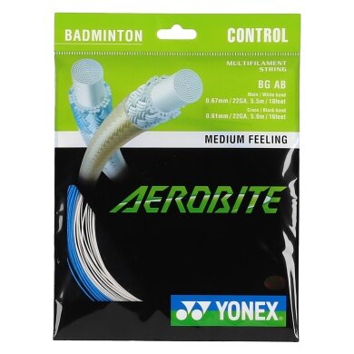 Besaitung mit Badmintonsaite Yonex Aerobite Hybrid 0.61/0.67 weiss/blau