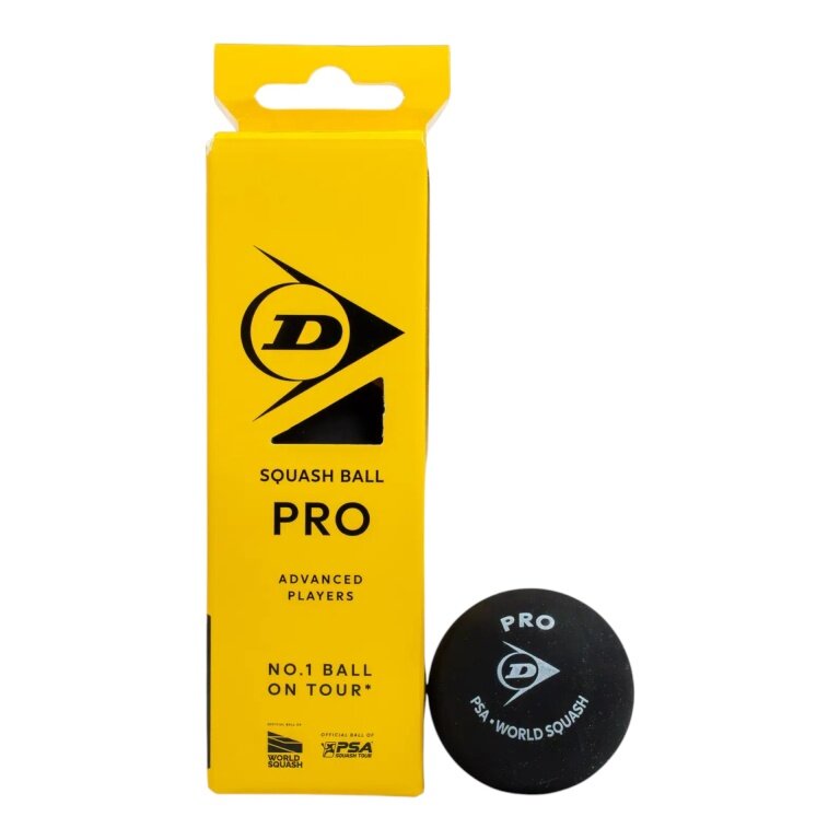 Dunlop Squashball Pro (2 gelbe Punkte, Speed sehr langsam) schwarz - 3 Bälle in Kartonblister