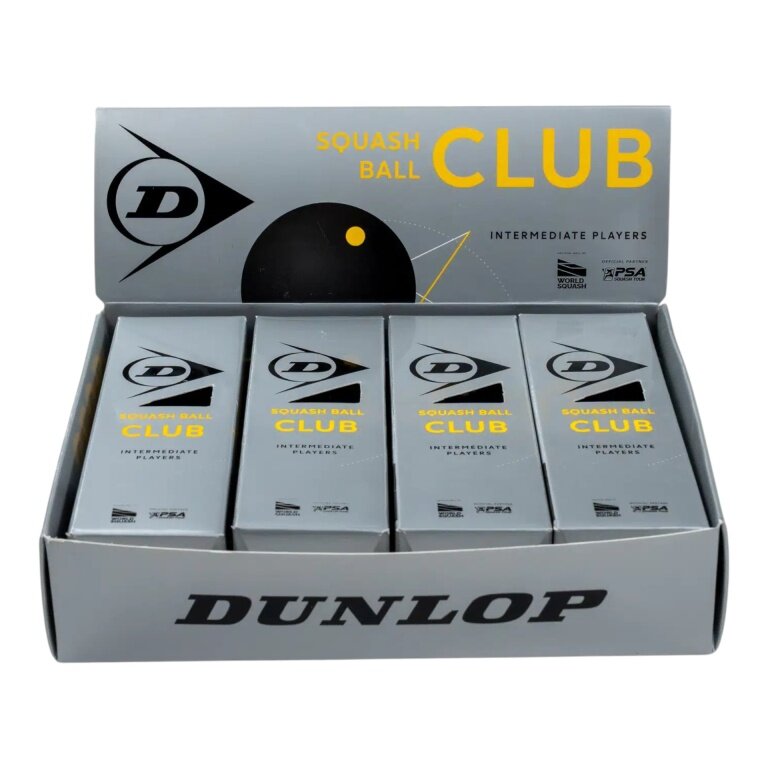 Dunlop Squashball Club (gelber Punkt, Speed langsam) schwarz - 4x3 Bälle (12 Stück) im Karton