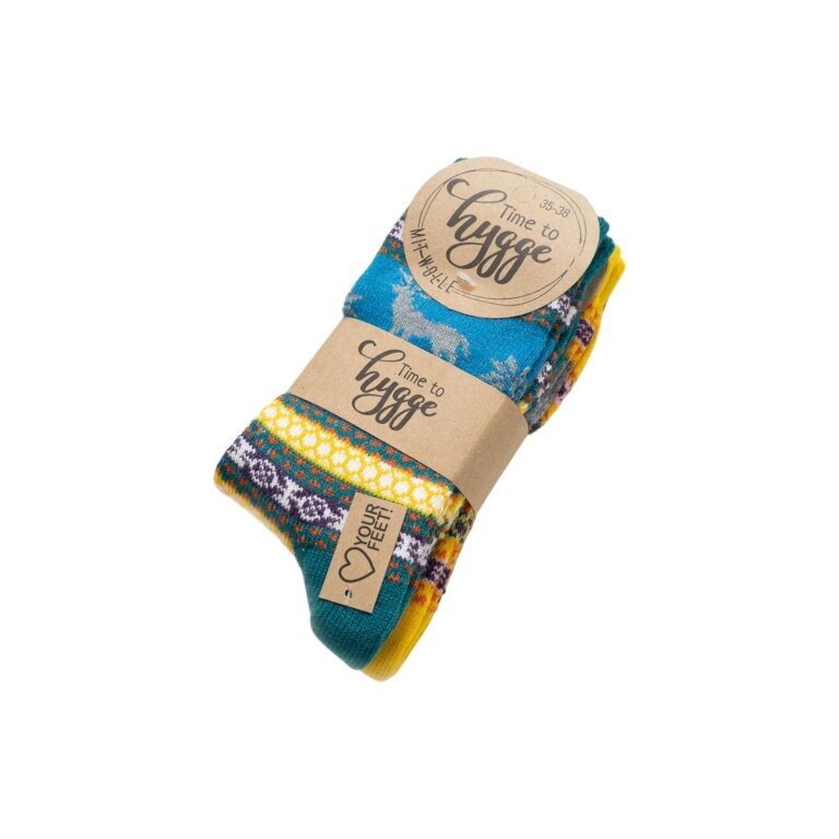 HomeOfSocks Wollsocken Hygge mit Elch Motiv mehrfarbig petrol/gelb Damen - 2 Paar