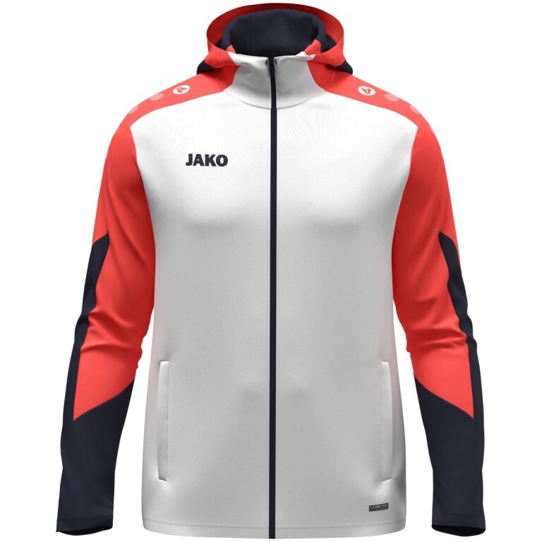 JAKO Kapuzenjacke Dynamic (Polyester-Interlock-Fleece, Seitentaschen mit Reißverschluss) weiss/coralrot/marineblau Kinder