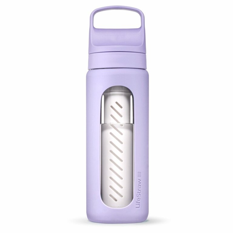 LifeStraw Trinkflasche Go Glass mit Wasserfilter, Verschluss mit Silikonmundstück BPA frei violett - 600 ml