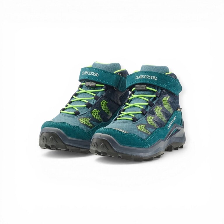Lowa Wanderschuhe Maddox Pro Mid GTX Velcro Junior (Textil/Veloursleder, Klett­ver­schluss, wasserdicht) petrolgrün/limone Kinder