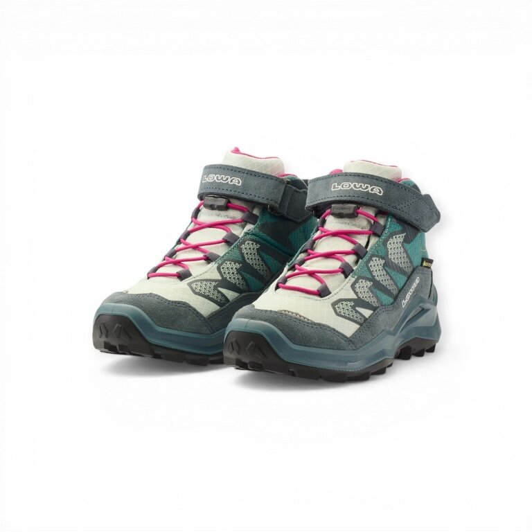 Lowa Wanderschuhe Maddox Pro Mid GTX Velcro Junior (Textil/Veloursleder, Klett­ver­schluss, wasserdicht) petrol/pink Kinder