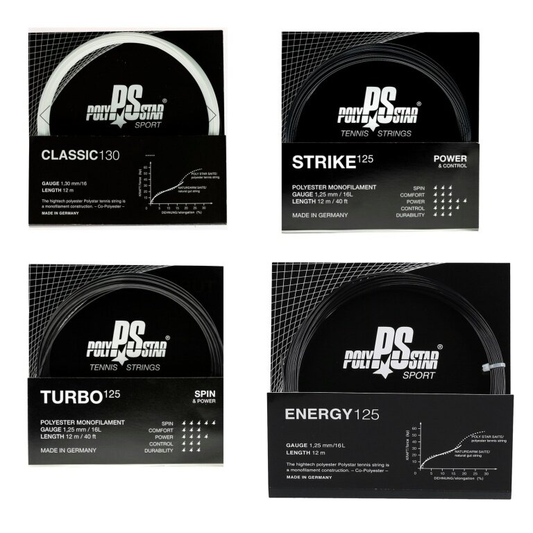 Polystar Tennissaite TESTPAKET aus Classic/Strike/Turbo/Energy weiss/schwarz 4x12m Set
