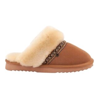 Warmbat Hausschuhe Pantoffel Flurry Suede Tape mit Merino Schaffell cognac braun Damen