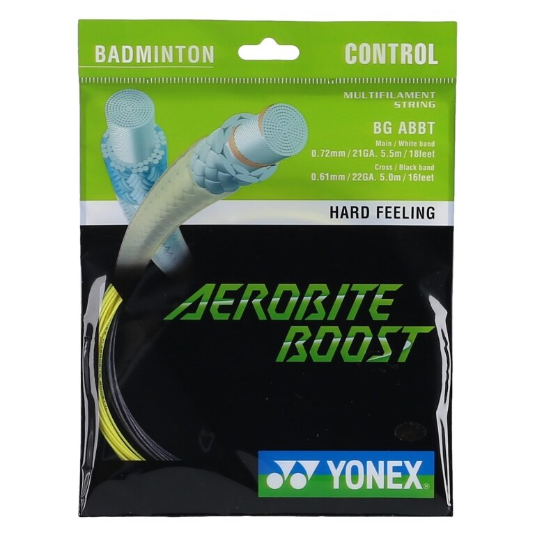 Besaitung mit Badmintonsaite Yonex Aerobite Boost Hybrid grau/gelb